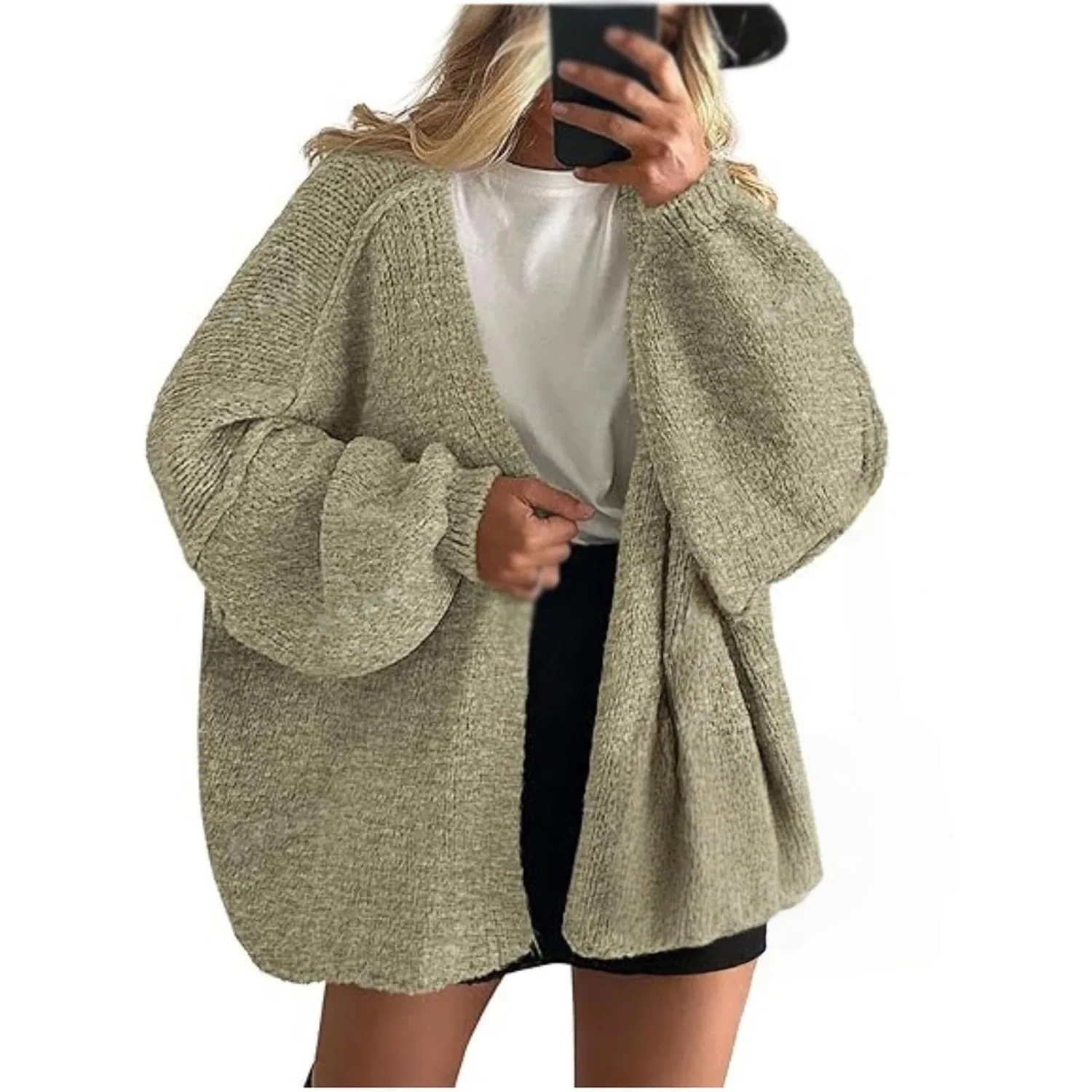 Женский удлиненный кардиган с фактурной вязкой и рукавом-фонарик, Light Green
