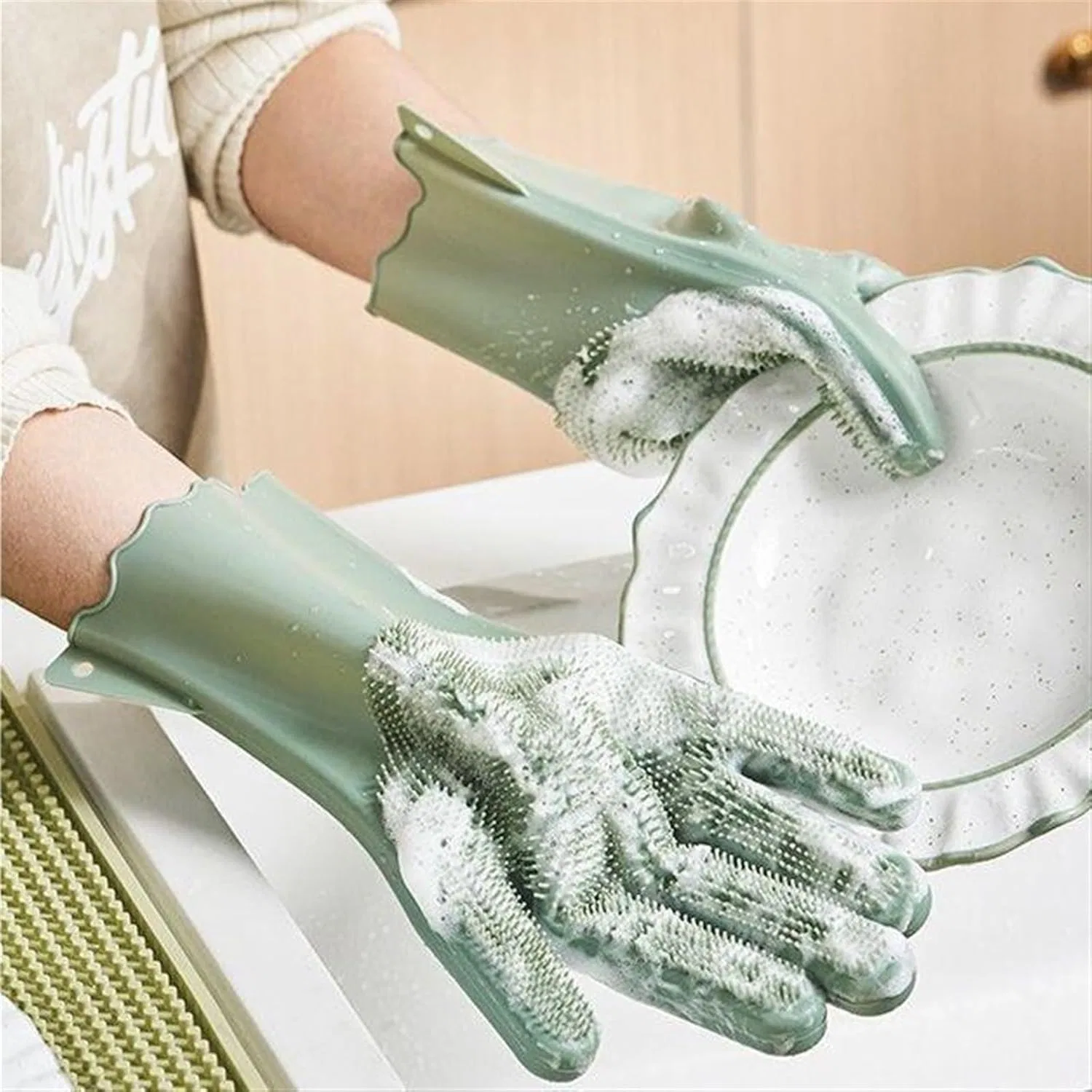 Перчатки для уборки Silicone, ERVDKXCOI, 1 пара, 30 см, Зеленые — фото 2