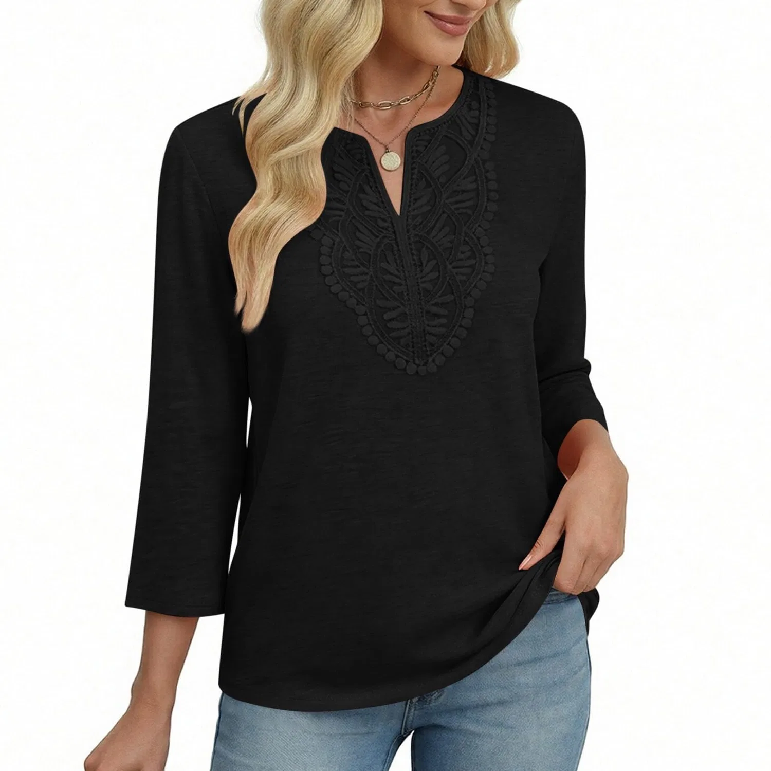 Женская льняная туника с вышивкой Retro 3/4 Sleeve Boho Casual Loose Fit Lightweight Summer Beach Blouse, C-black — фото 2