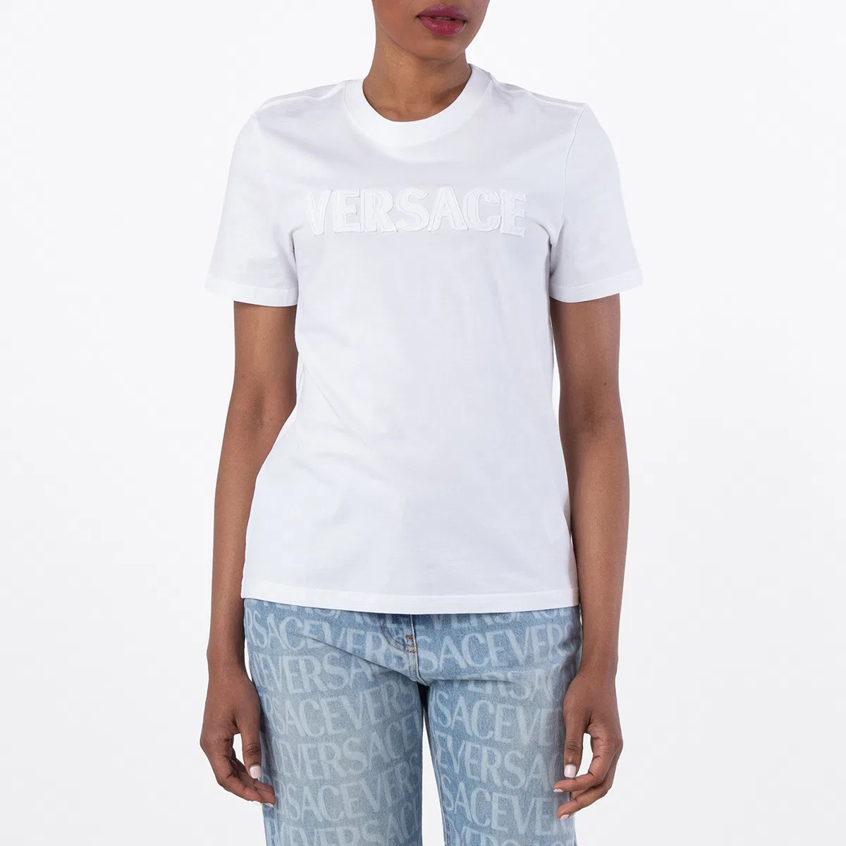 Футболка с длинным рукавом Logo-Applique Crewneck T-Shirt Versace, Optical White