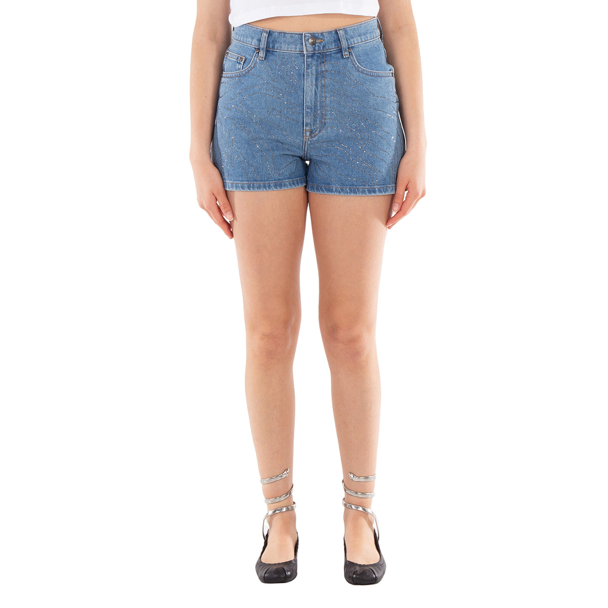 

Женские светло-голубые джинсовые шорты со стразами Rotate