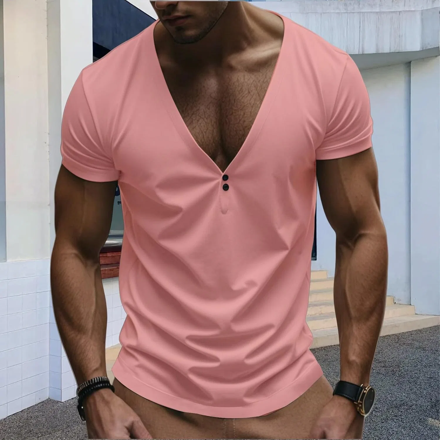 Мужская футболка поло V-образным вырезом Henley, Pink — фото 2