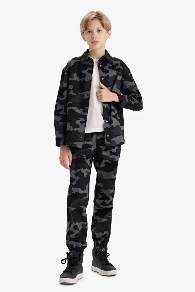 Детская рубашка для мальчиков с длинным рукавом Oversized wide fit polo neck camouflage print gabardine long sleeve shirt boy f1507a825au Defacto, Gray-Gr164 — фото 2
