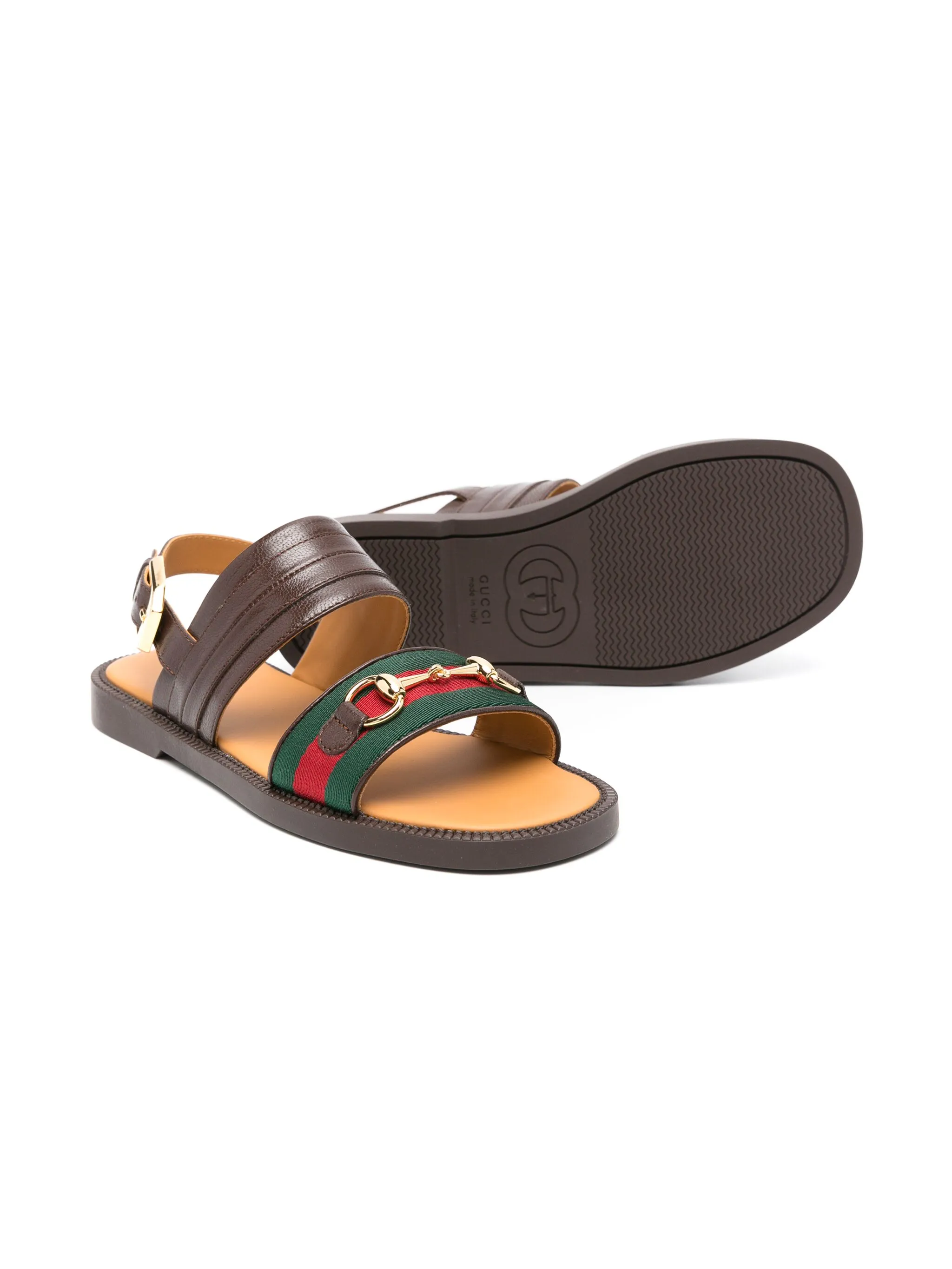 Сандалии с пряжкой Horsebit и отделкой Web Gucci Kids, коричневый — фото 2