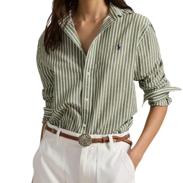 Женская рубашка с вышитым логотипом и полосками Polo Ralph Lauren, Olive & White — фото 3