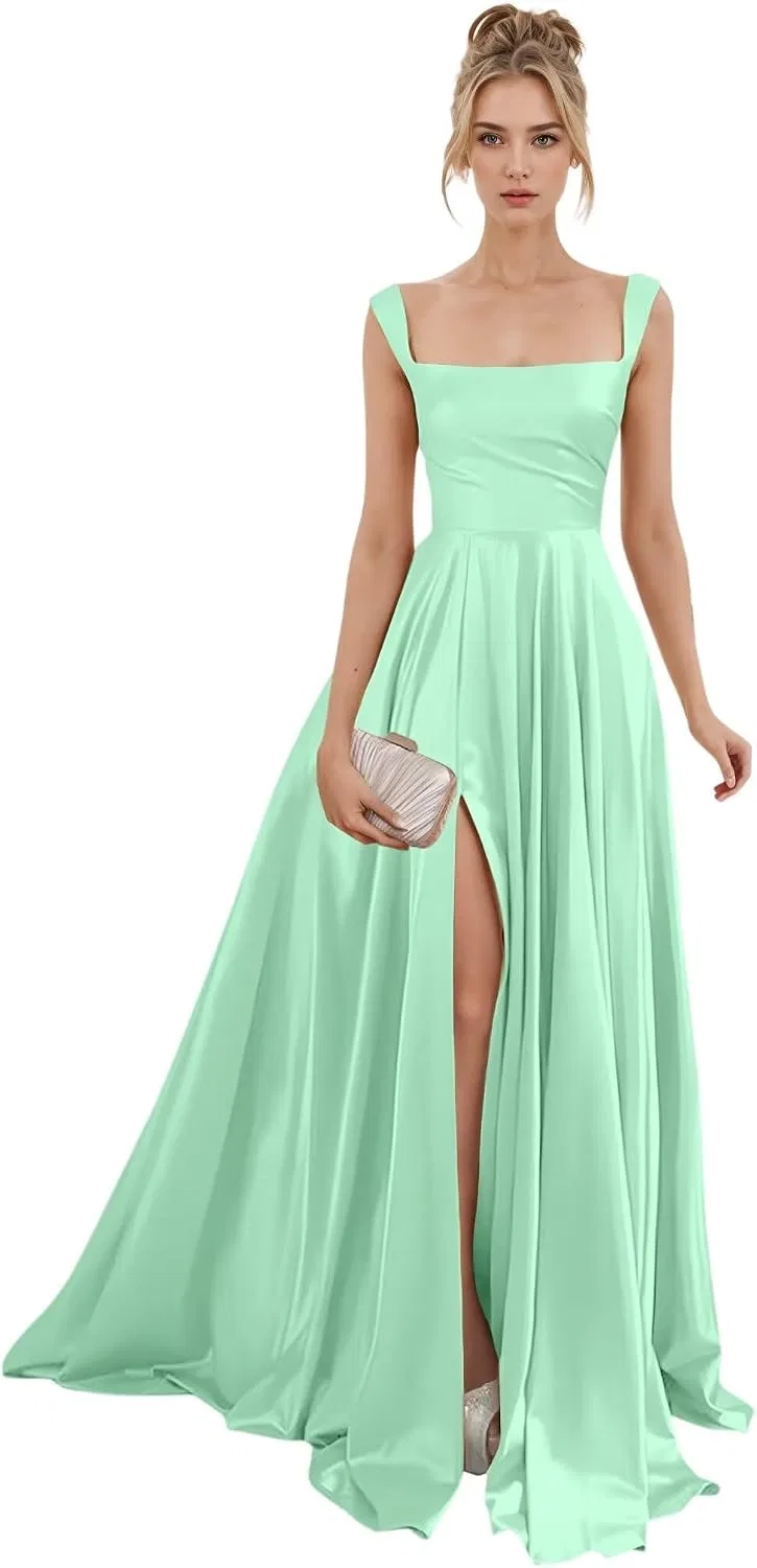 Женское длинное атласное платье с разрезом и карманами, Mint Green
