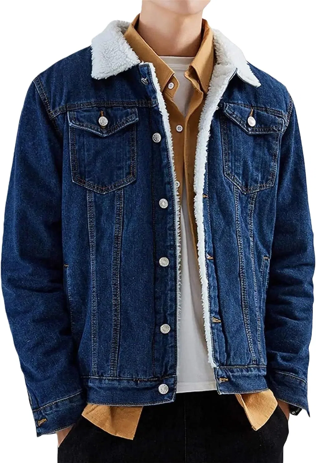 Мужская джинсовая куртка с флисовой подкладкой, Retro Casual Cotton Jacket, тёмно-синий