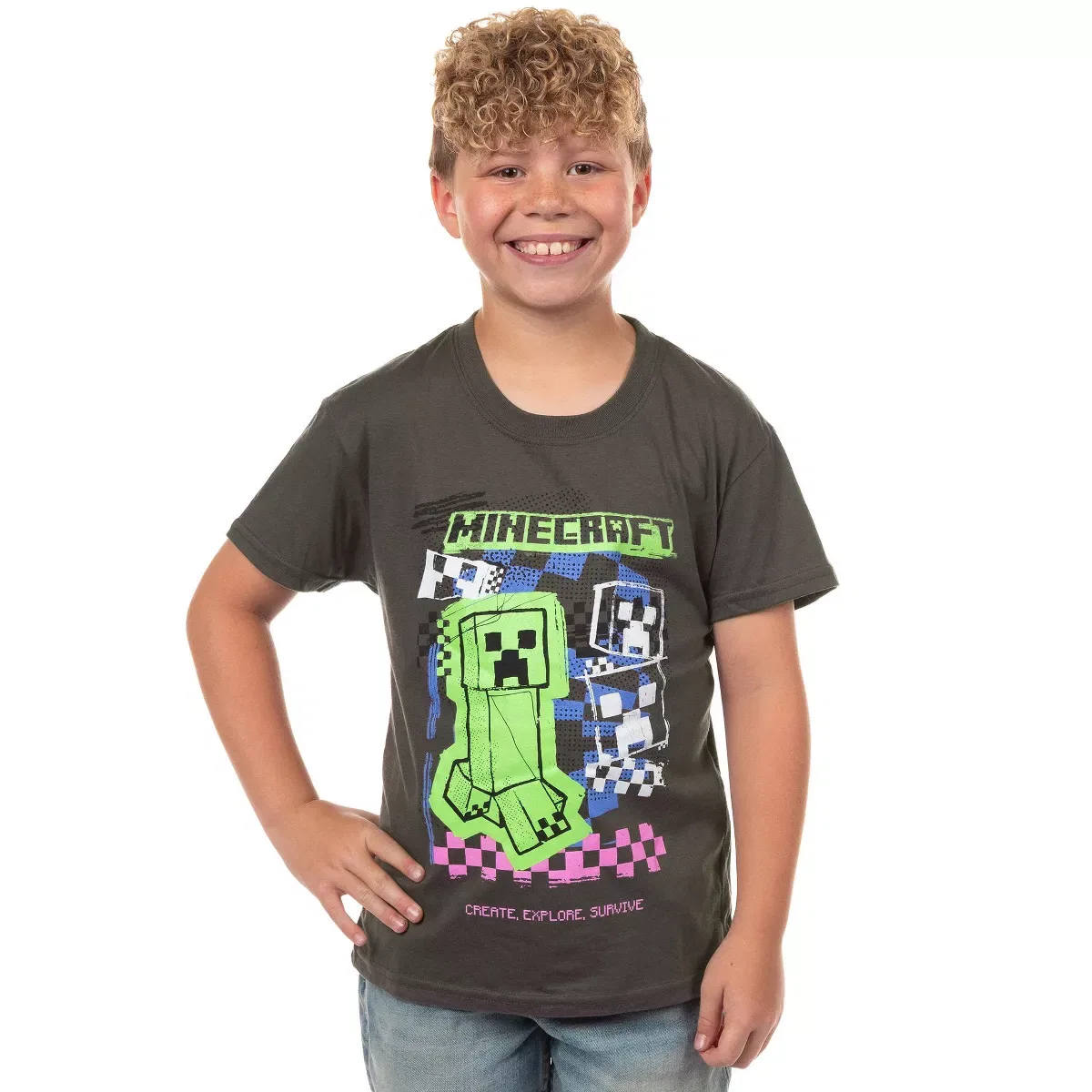 Детская футболка с принтом Creeper Create Explore Survive Seven Times Six, Grey