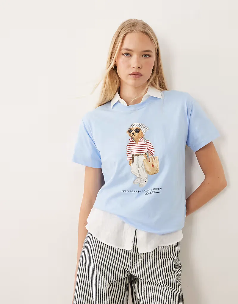 Футболка Polo Ralph Lauren с принтом медведя на груди, нежно-голубой