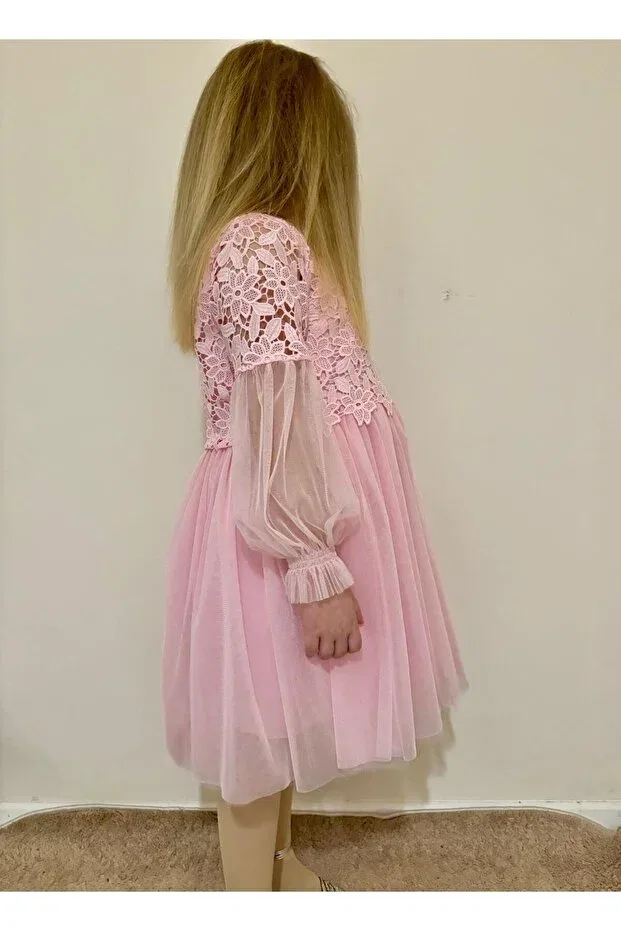 Детское платье для девочек кружевное Long sleeve lace tulle party/birthday/wedding dress Dfn, Pink — фото 4