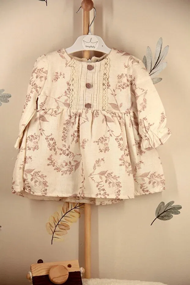 Детское платье для девочек кружевное с цветочным принтом Uniq Baby, Beige