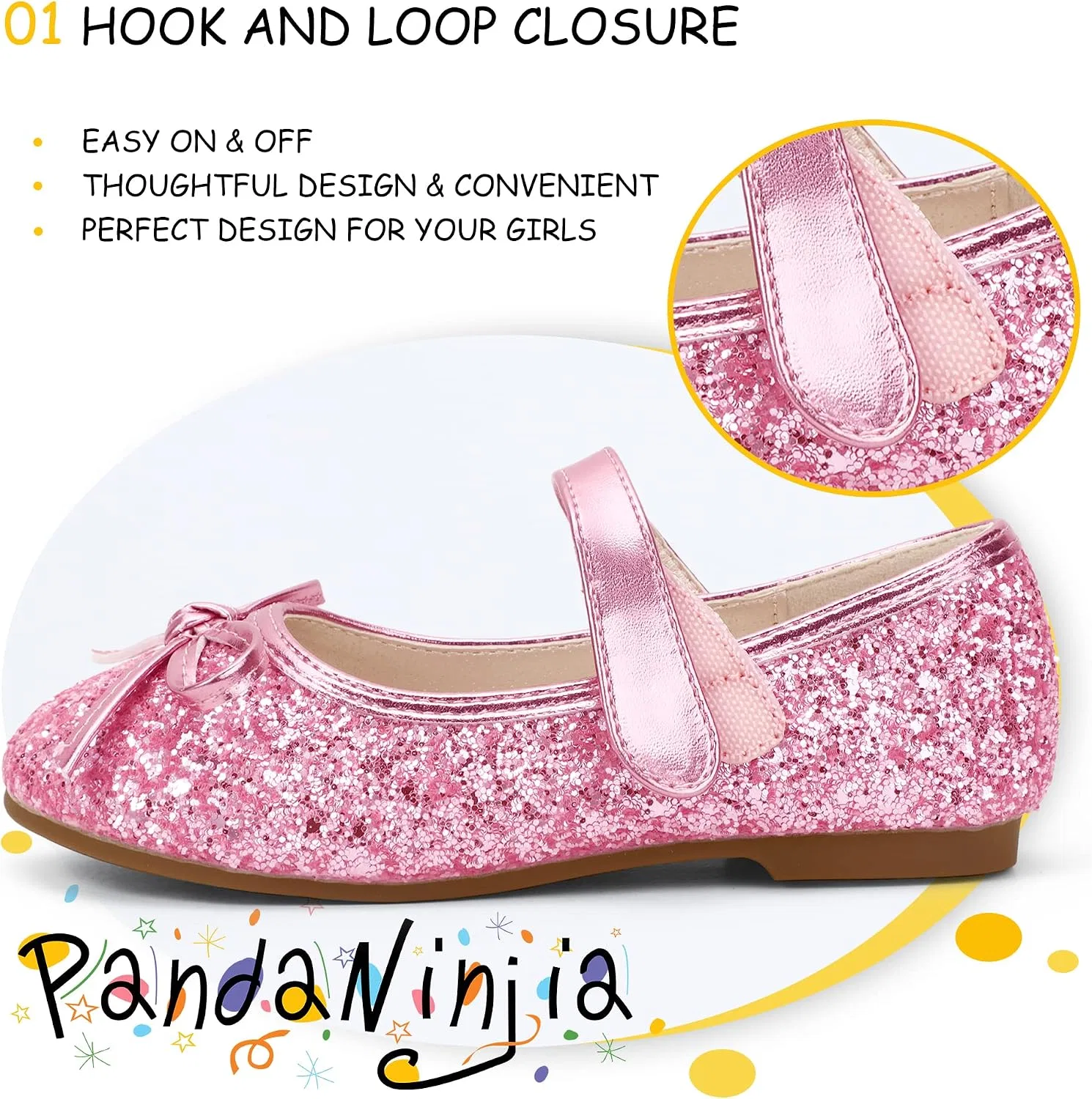 Детские балетки для девочек с бантом Mary Jane PANDANINJIA, Pink Sequin — фото 4