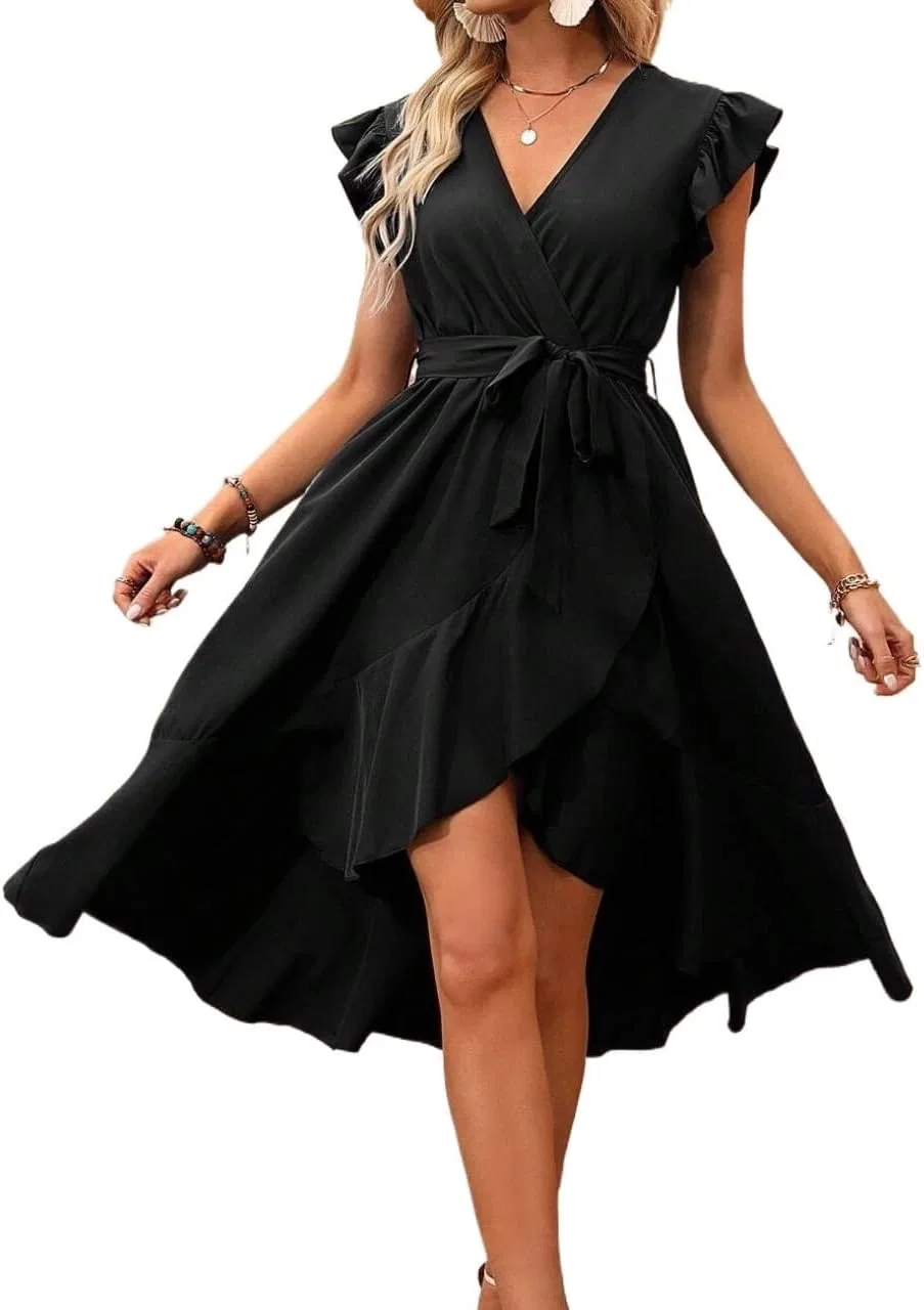 Женское повседневное платье с рюшами и поясом, Black