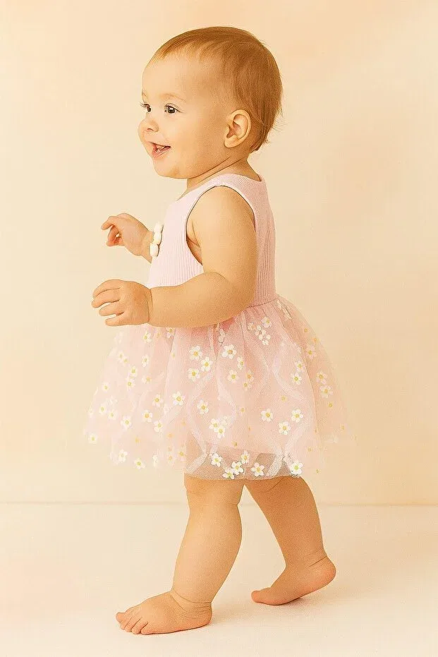 Детское платье для девочек с принтом Daisy patterned tulle dress with ribbed sleeves Dinamik Çocuk, Pink Flowered — фото 2