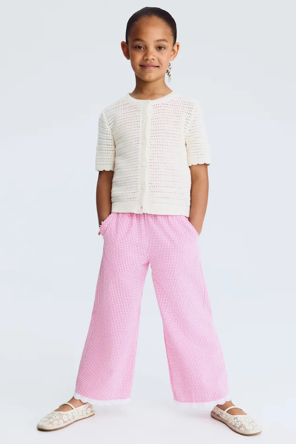 Брюки из жатой ткани с кружевной отделкой H&M, Rosa/Vichykaro
