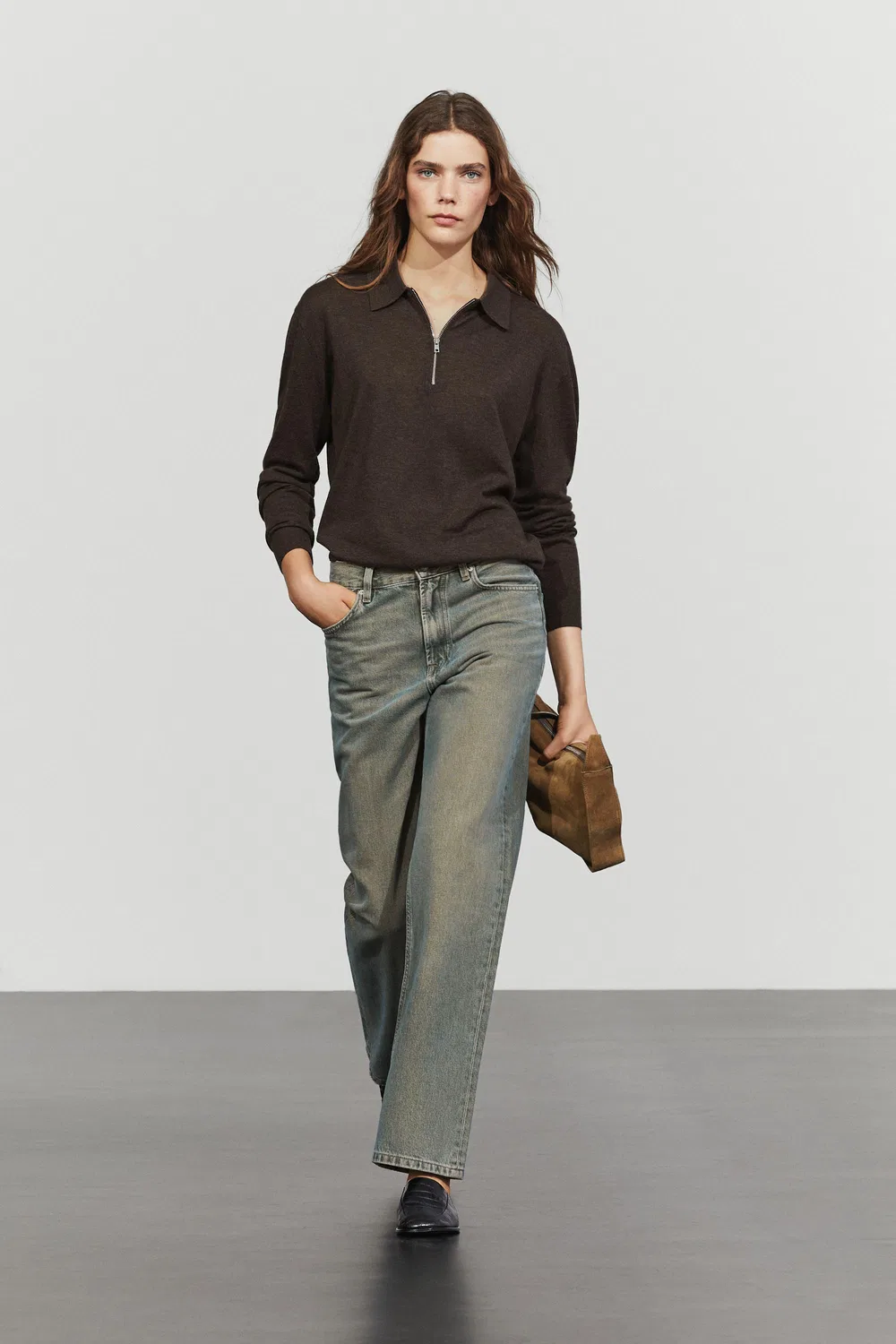 Свитер Massimo Dutti Wool Blend Quarter-Zip Knit, шоколадно-коричневый — фото 3