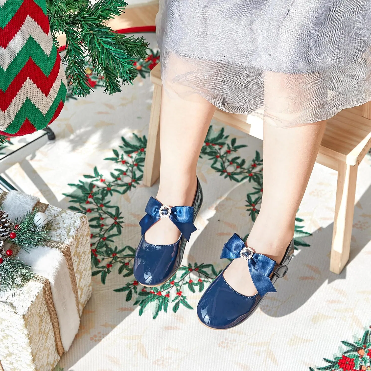 Детские туфли Мэри Джейн для девочек PHIRAMIN, Elegant Bowknot Blue — фото 3