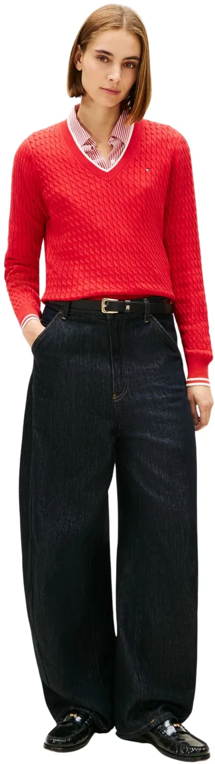 Женский пуловер с V-образным вырезом Co Cable Fine GG Tommy Hilfiger, Red (Primary Red/Calico Tipping) — фото 4