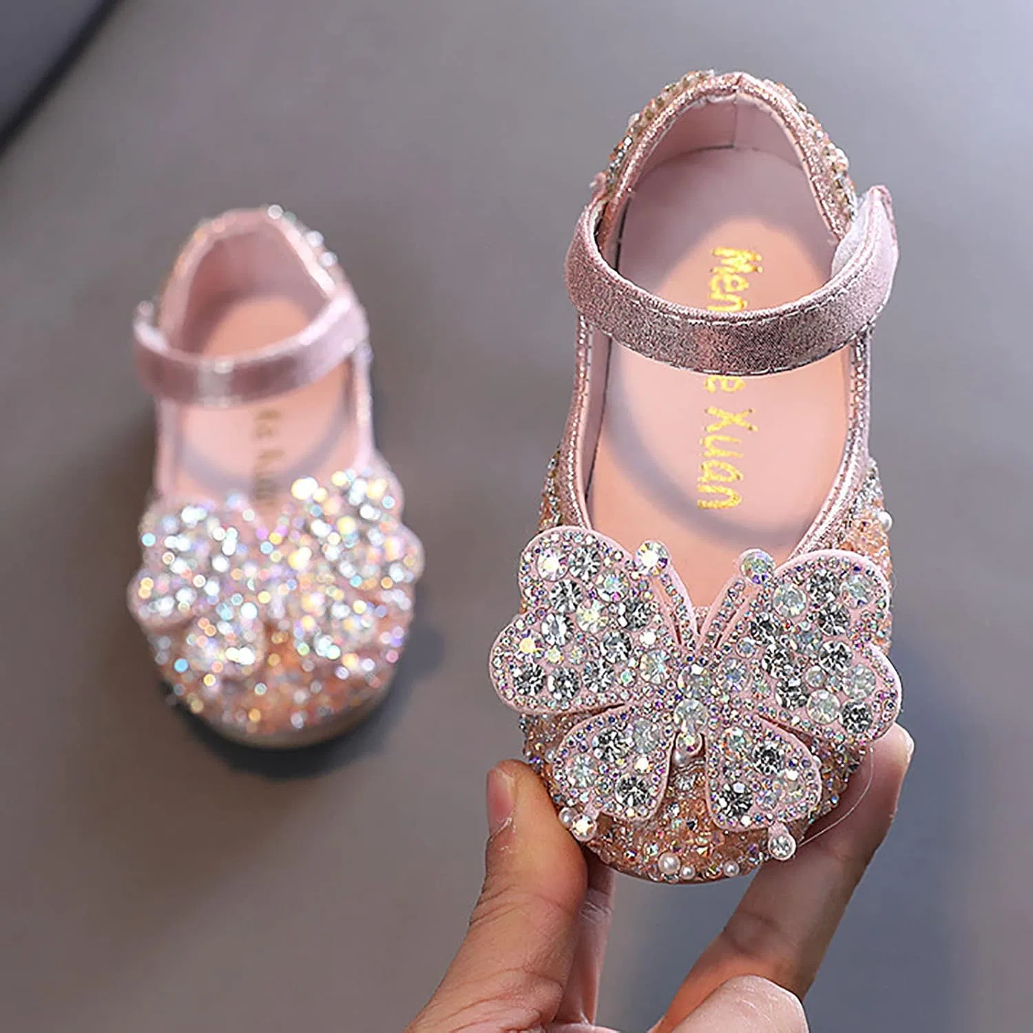 Детские туфли-балетки для девочек с принтом Rhinestones Bow Mary Jane Dress Shoes Flower Wedding Shoes Glitter Sequins Princess Ballet Flats, Pink — фото 2