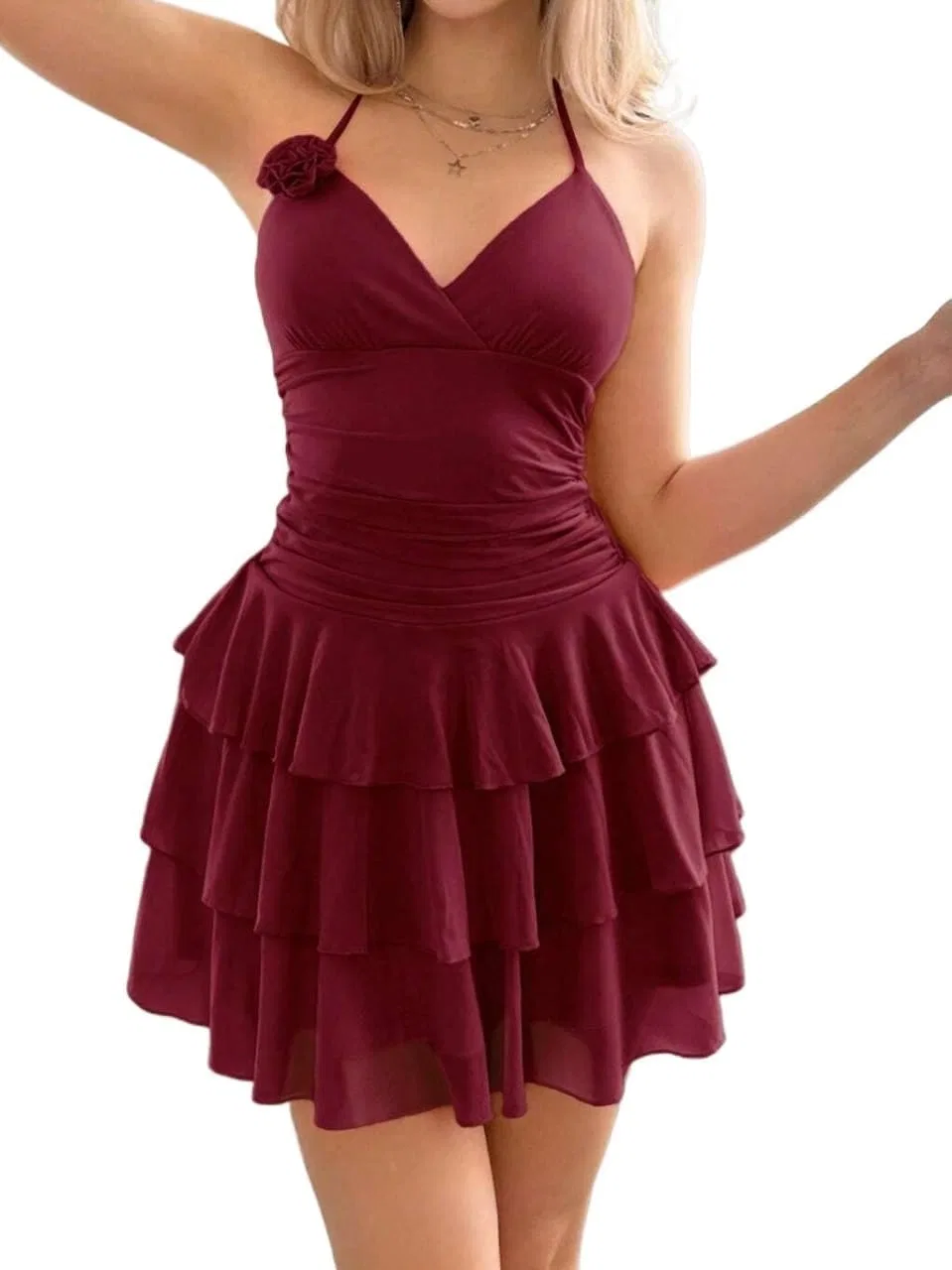 Женское мини-платье с запахом на шее Solid Color, Burgundy