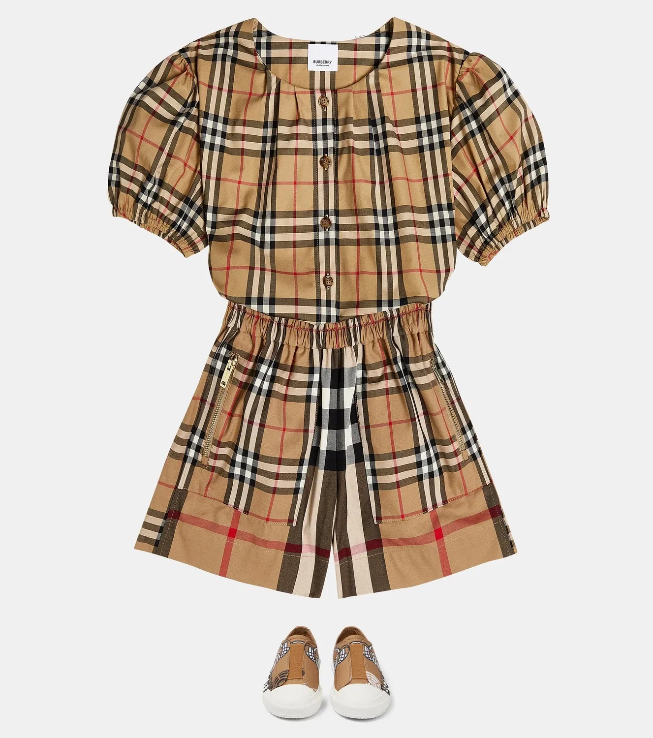 Рубашка в клетку из смесового хлопка Burberry Kids, бежевый — фото 2