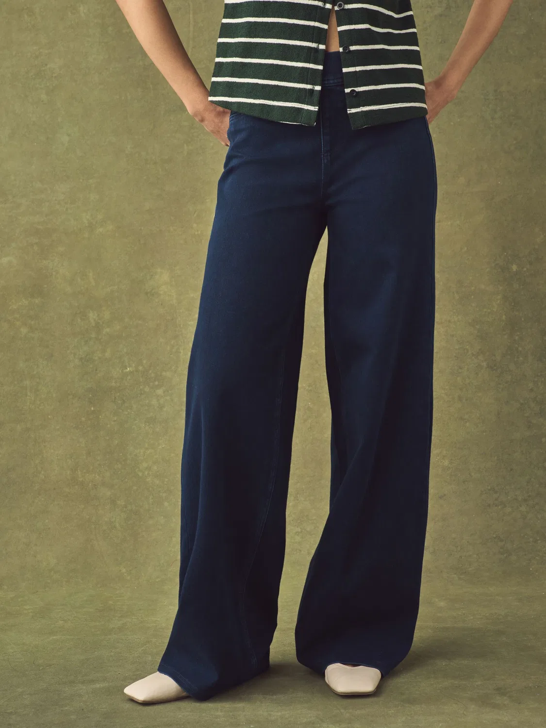 Брюки широкие джинсовые из джерси, Jersey Denim Wide Leg Next, индиго — фото 2