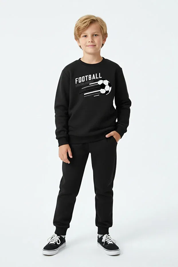 Детский комплект спортивного костюма для мальчиков с принтом 3 Thread Thick Sh Fleece-Lined Crew Neck Football Print Detailed Boys' Tracksuit Set Ya Ko Kids, Black — фото 2