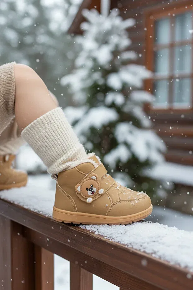 Детские ботинки для девочек с мехом Teddy bear detailed furry unisex children's baby boots cat Bebek Sepeti, Желтый