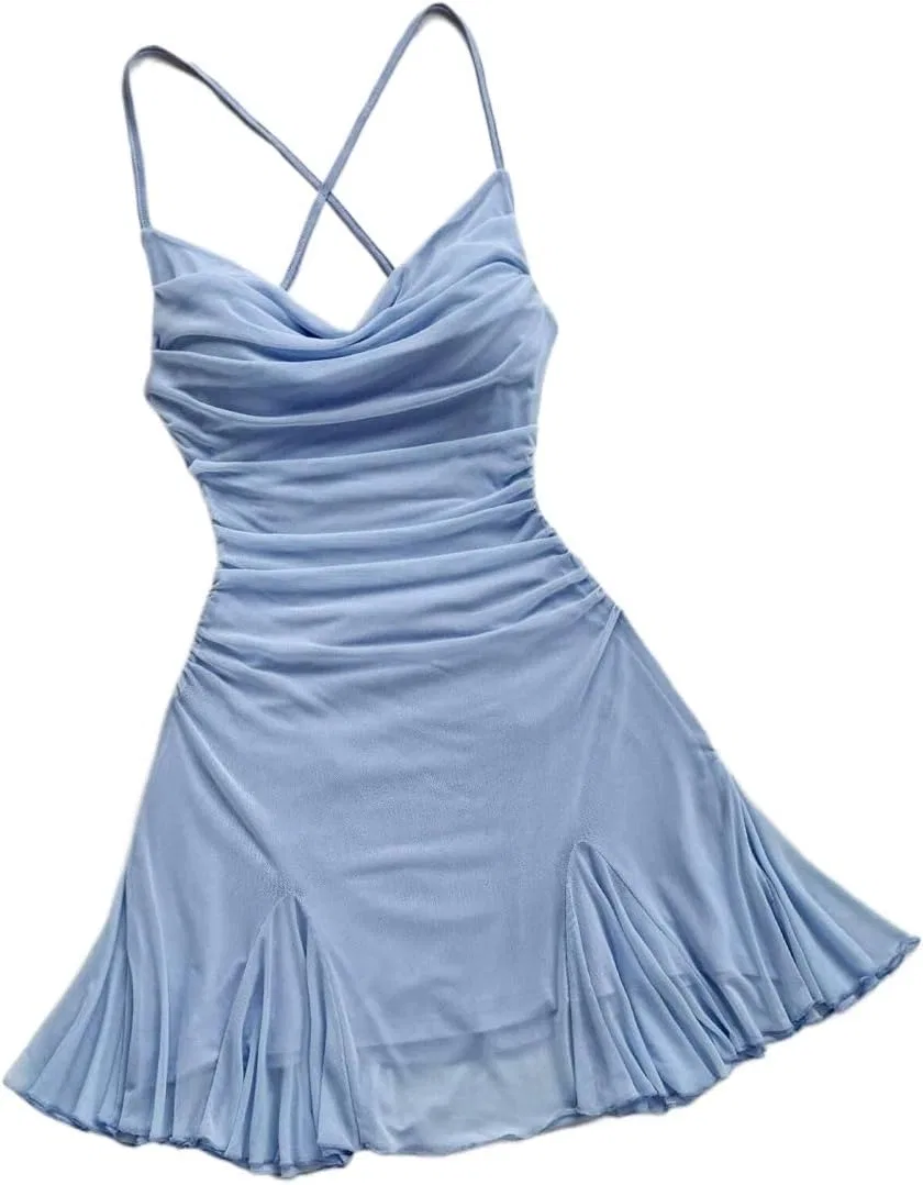 Женское мини-платье с открытой спиной, бантом Generic, Blue — фото 3