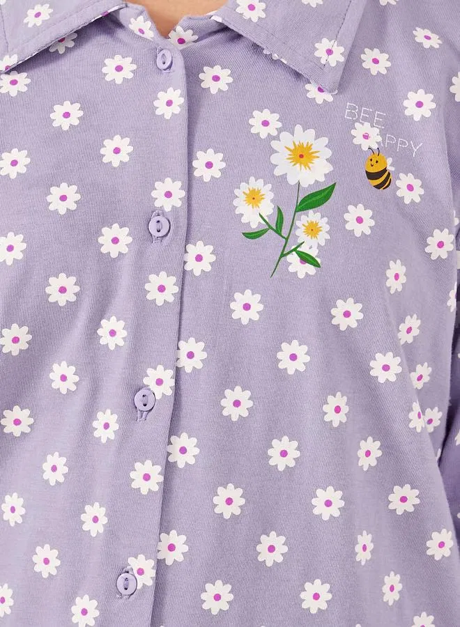Styli Комплект пижамы с длинным рукавом и цветочным принтом, фиолетовый — фото 4