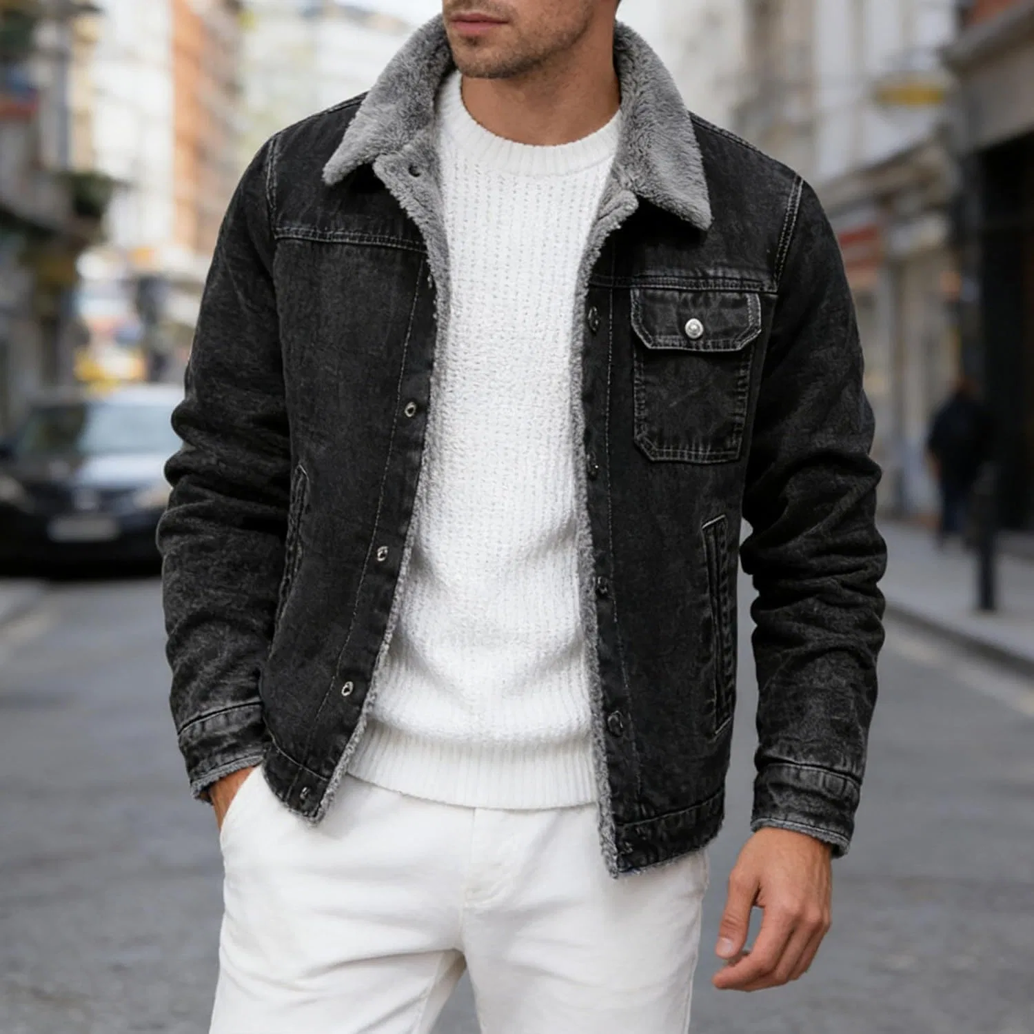 Мужская джинсовая куртка-тракер с флисовой подкладкой, Slim Fit, чёрный — фото 2