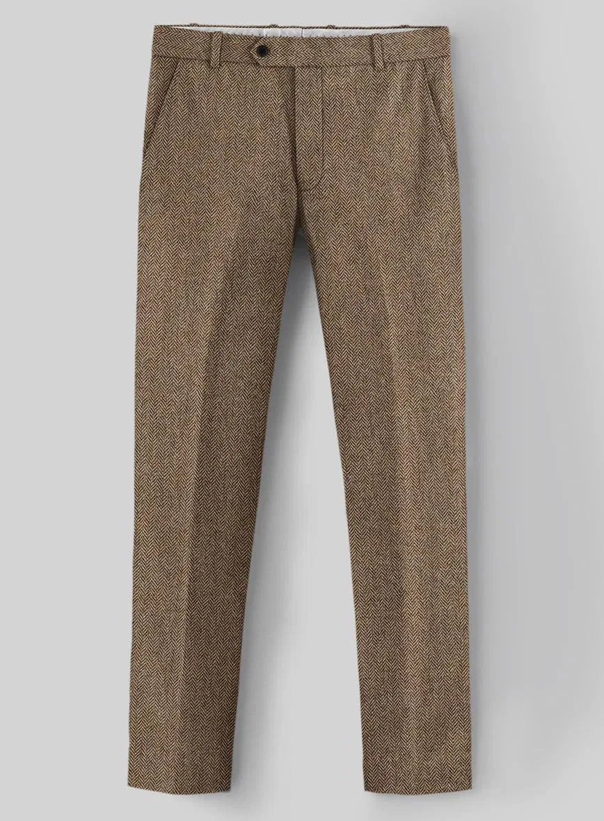 Мужские брюки классического кроя из твида с принтом "елочка", модель Vintage Herringbone High Waist, коричневый — фото 3