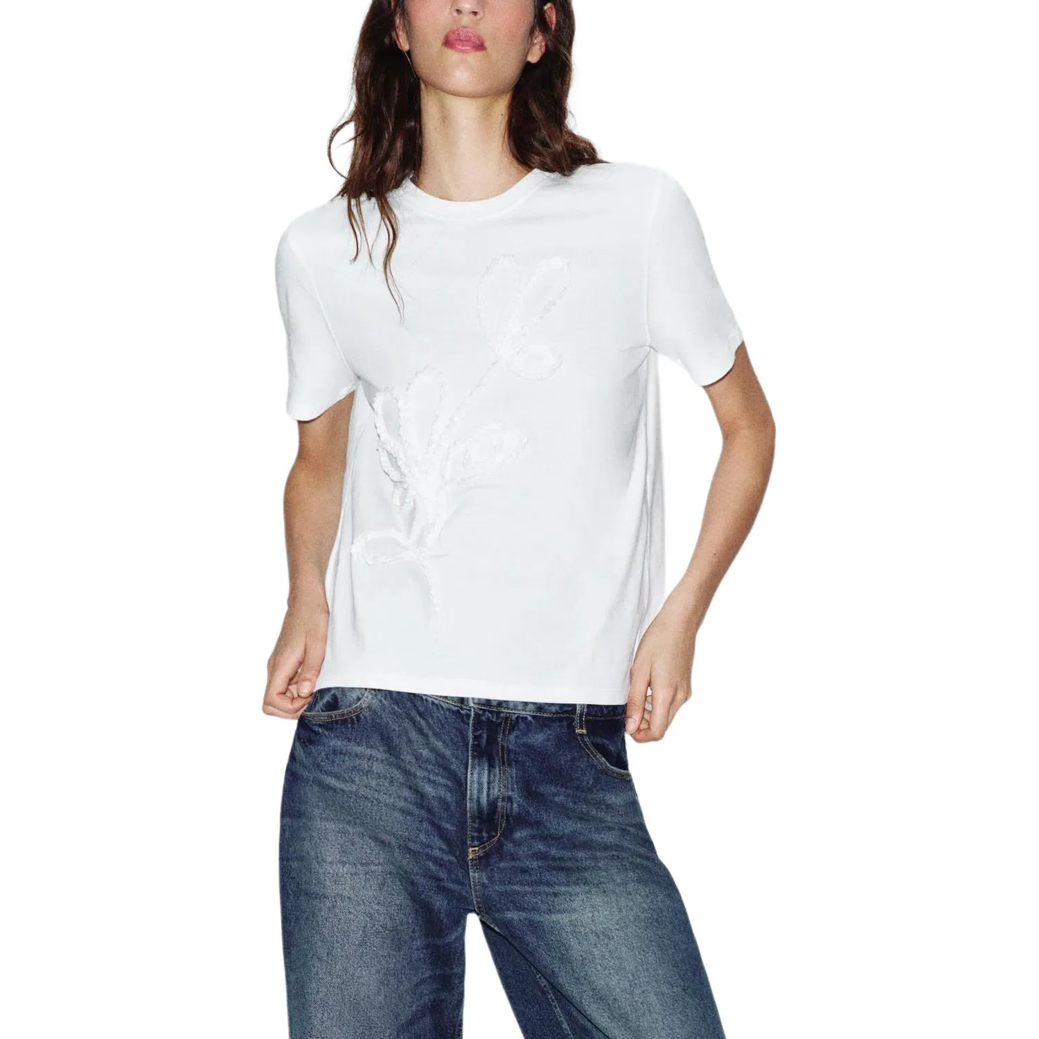 Женская футболка белая с круглым вырезом, прямого кроя, ZARA, White