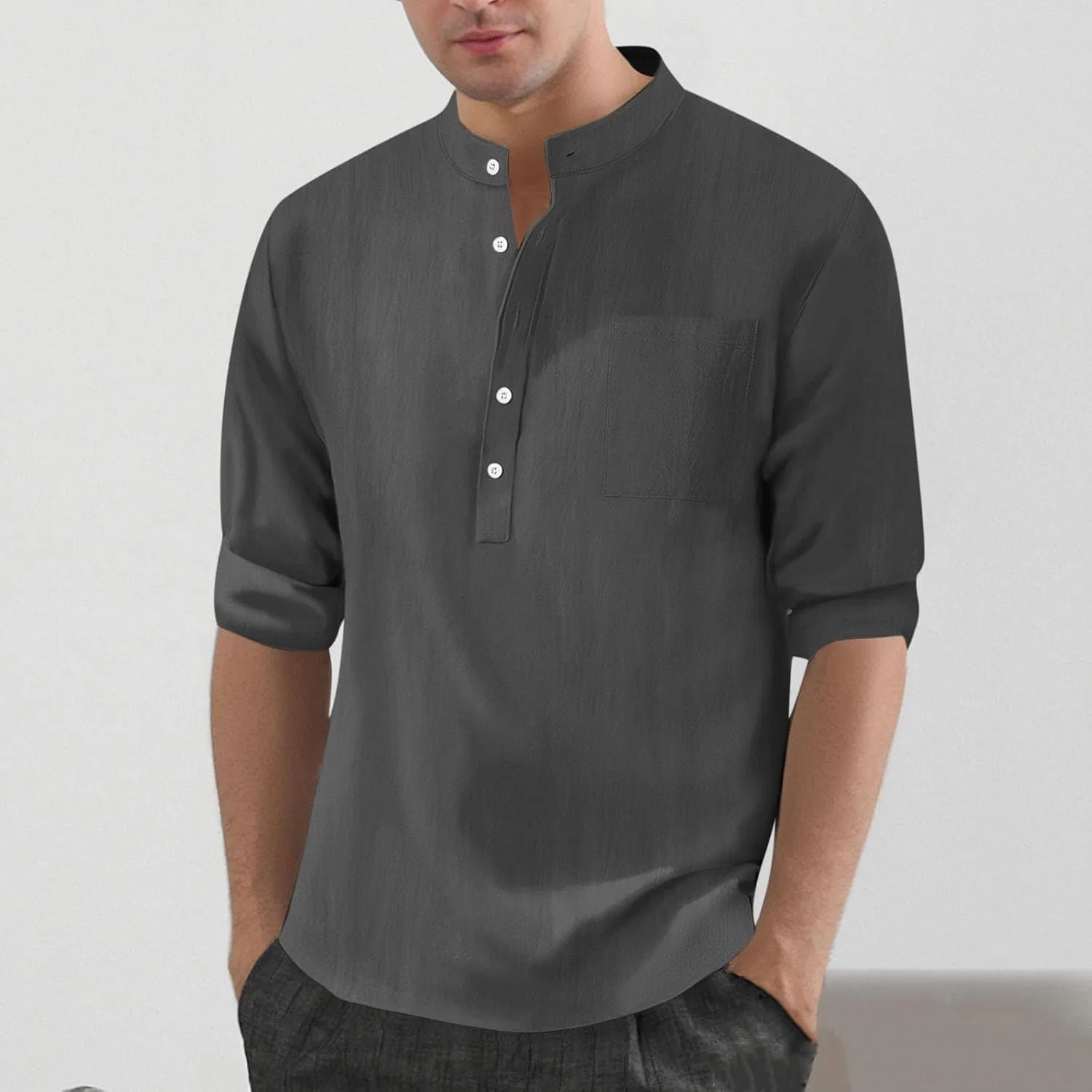 Мужская рубашка хенли с длинным рукавом из хлопка и льна, Casual, Gray — фото 3