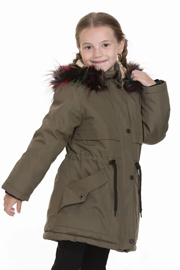 Детское зимнее пальто для девочек с капюшоном Girl'S Inflatable Removable Furry Hooded Waterproof Jacket Öfi Kids, Khaki