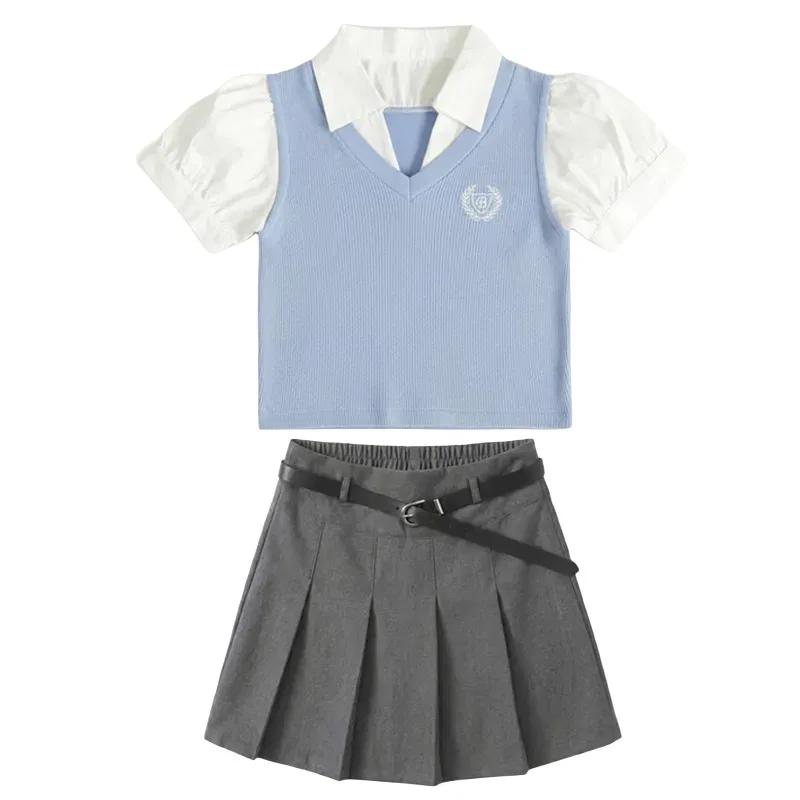 Детский комплект для девочек с принтом, Preppy Style Pleated Skirt Set, YALU