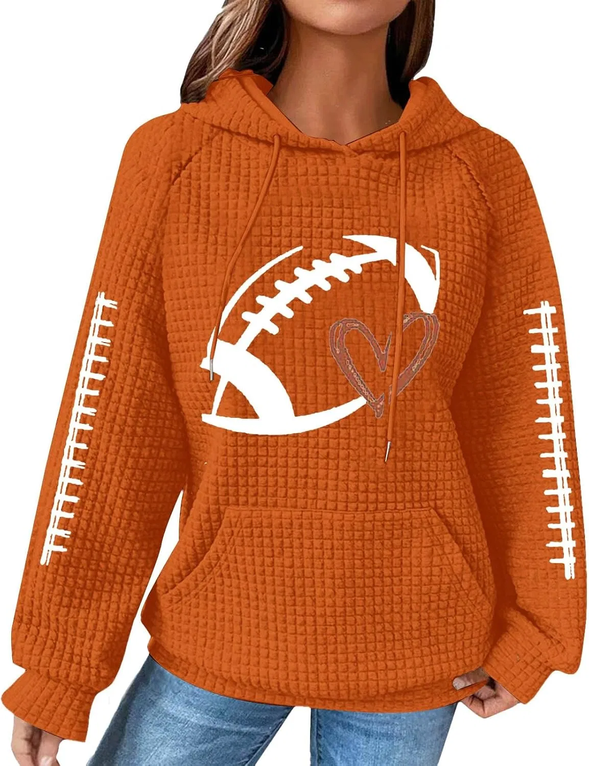 Женский свитшот с капюшоном с принтом, Football Hooded Sweatshirt, Orange-B