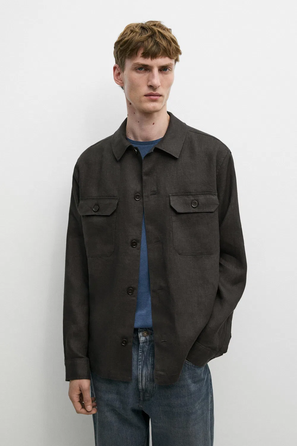 Льняная рубашка-куртка в стиле «Total Look» с карманами Massimo Dutti, сине-зеленый — фото 2