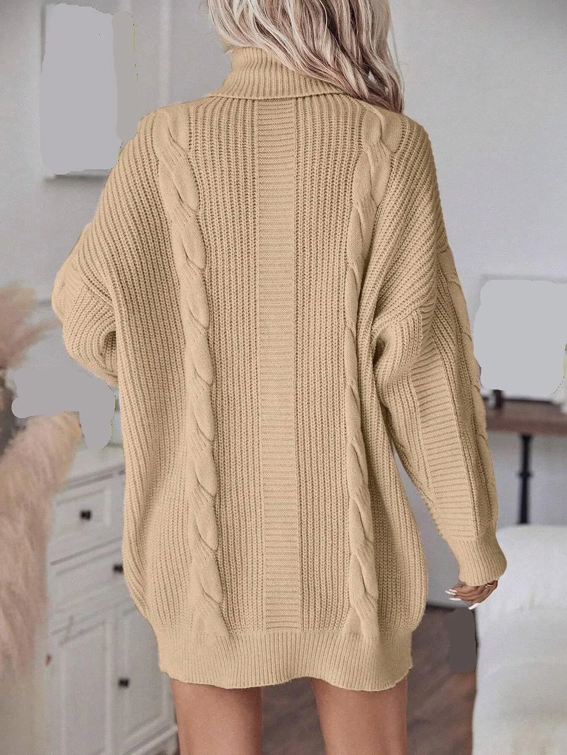 Женское повседневное платье-свитер с косами Drop Shoulder, Apricot — фото 4