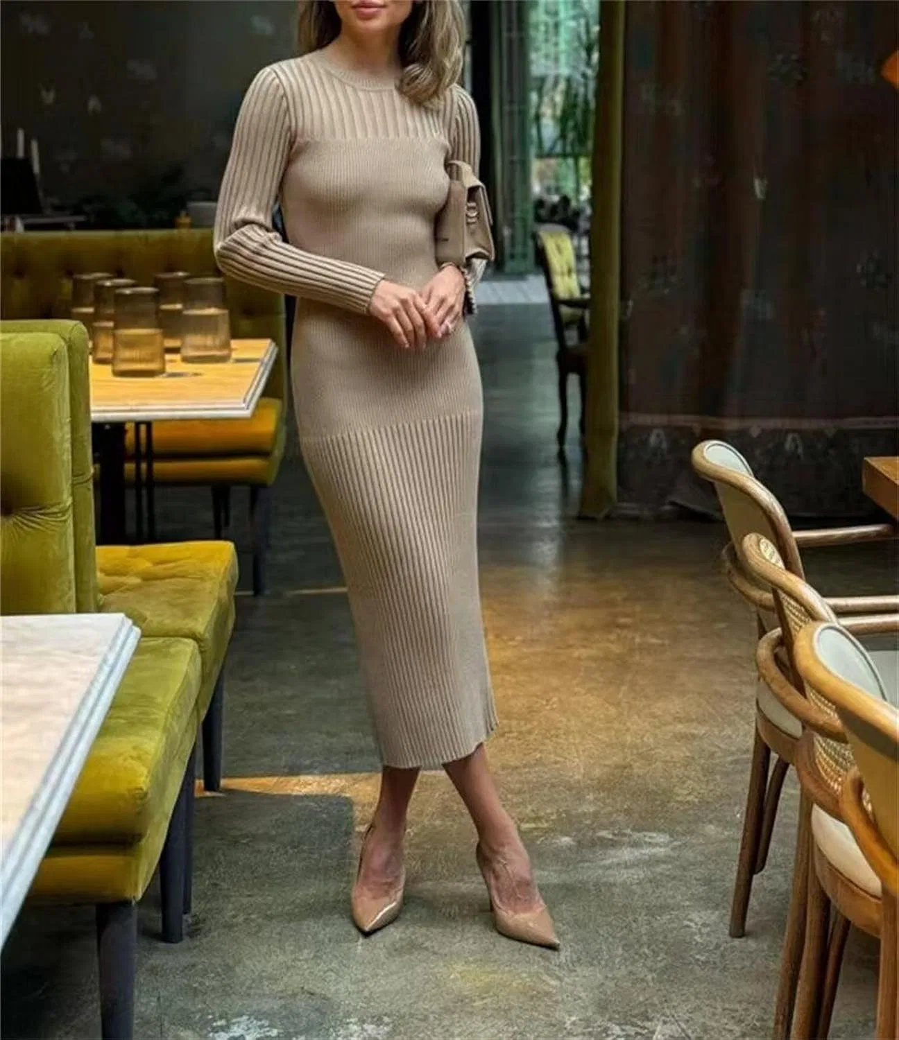 Женское облегающее платье макси с длинным рукавом Ribbed Knit, Khaki — фото 2