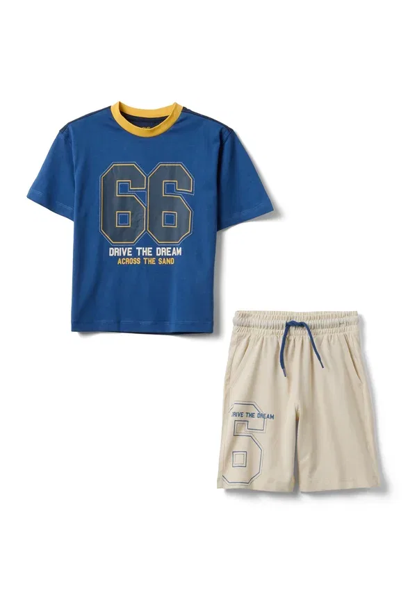 Комплект из футболки и шорт с принтом, модель Set with t-shirt and shorts - tracksuit bottoms, Ovs, синий, бежевый