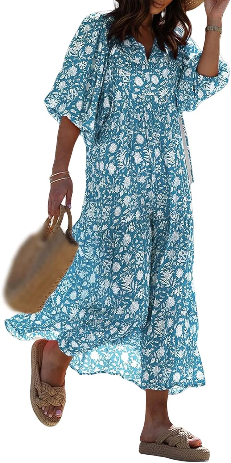 Женское свободное летнее платье макси V-образным вырезом Boho, Blue — фото 2