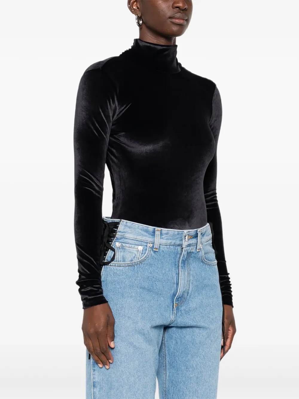 Бархатный комбинезон с высоким воротом Mugler, черный — фото 3