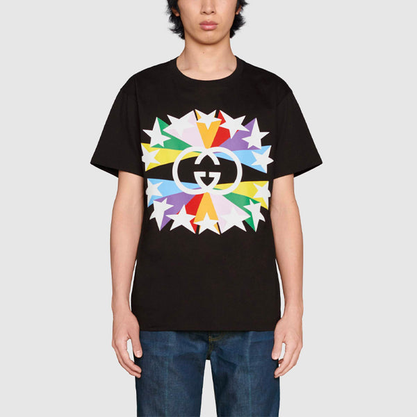 Футболка men's fw21 interlock double g printing cotton short sleeve black t-shirt Gucci, черный — фото 4