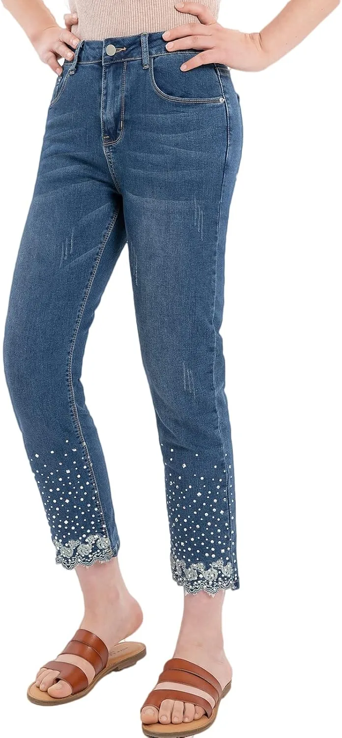 

ThCreasa женские джинсы Mid Rise с вышивкой, прямые, укороченные, с эффектом стрейч