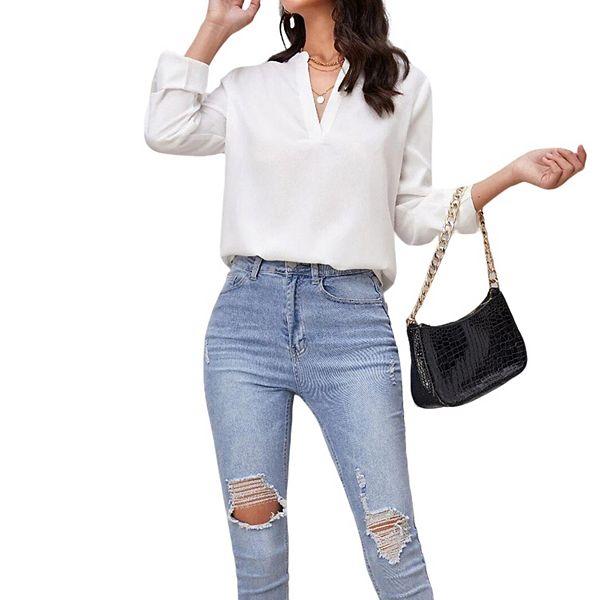 

Женская блузка с v-образным вырезом и длинными рукавами Clearflower, White