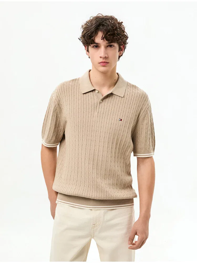 Свитер с кабельным узором, поло TOMMY HILFIGER, Beige