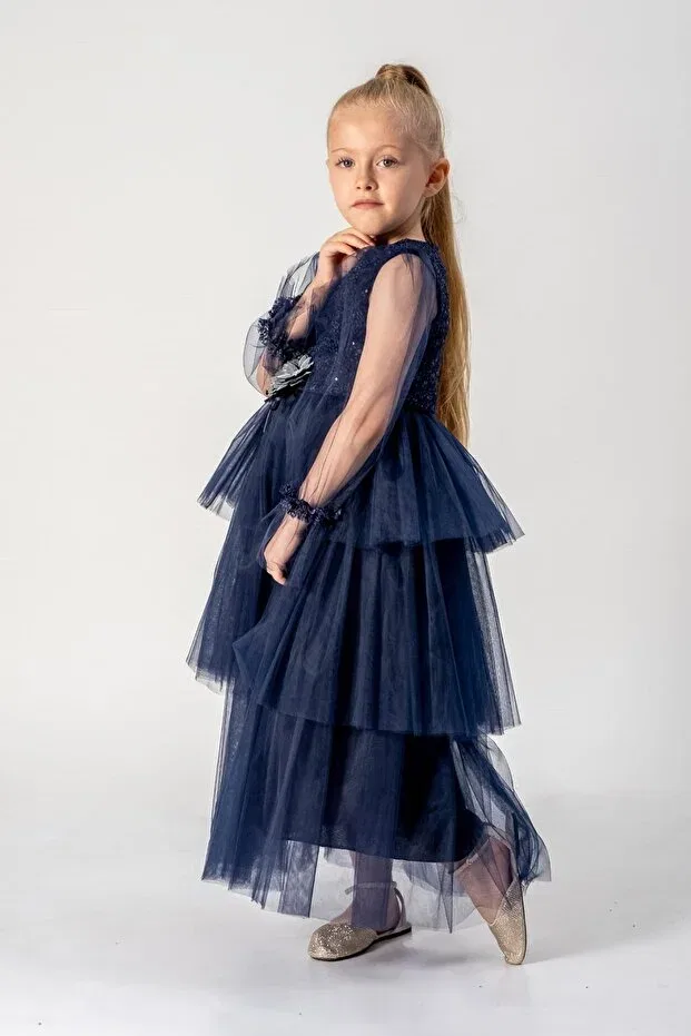Детское платье для девочек с длинным рукавом Dfn, Navy Blue — фото 2