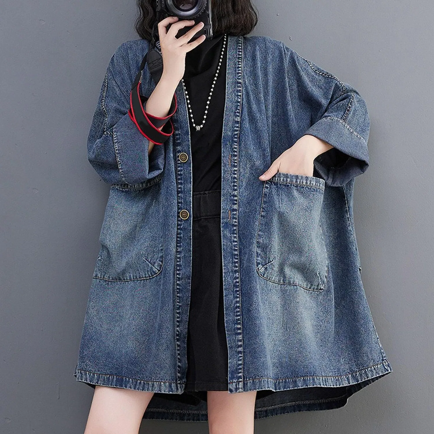 Женское джинсовое пальто oversize vintage с большими карманами, Blu — фото 3