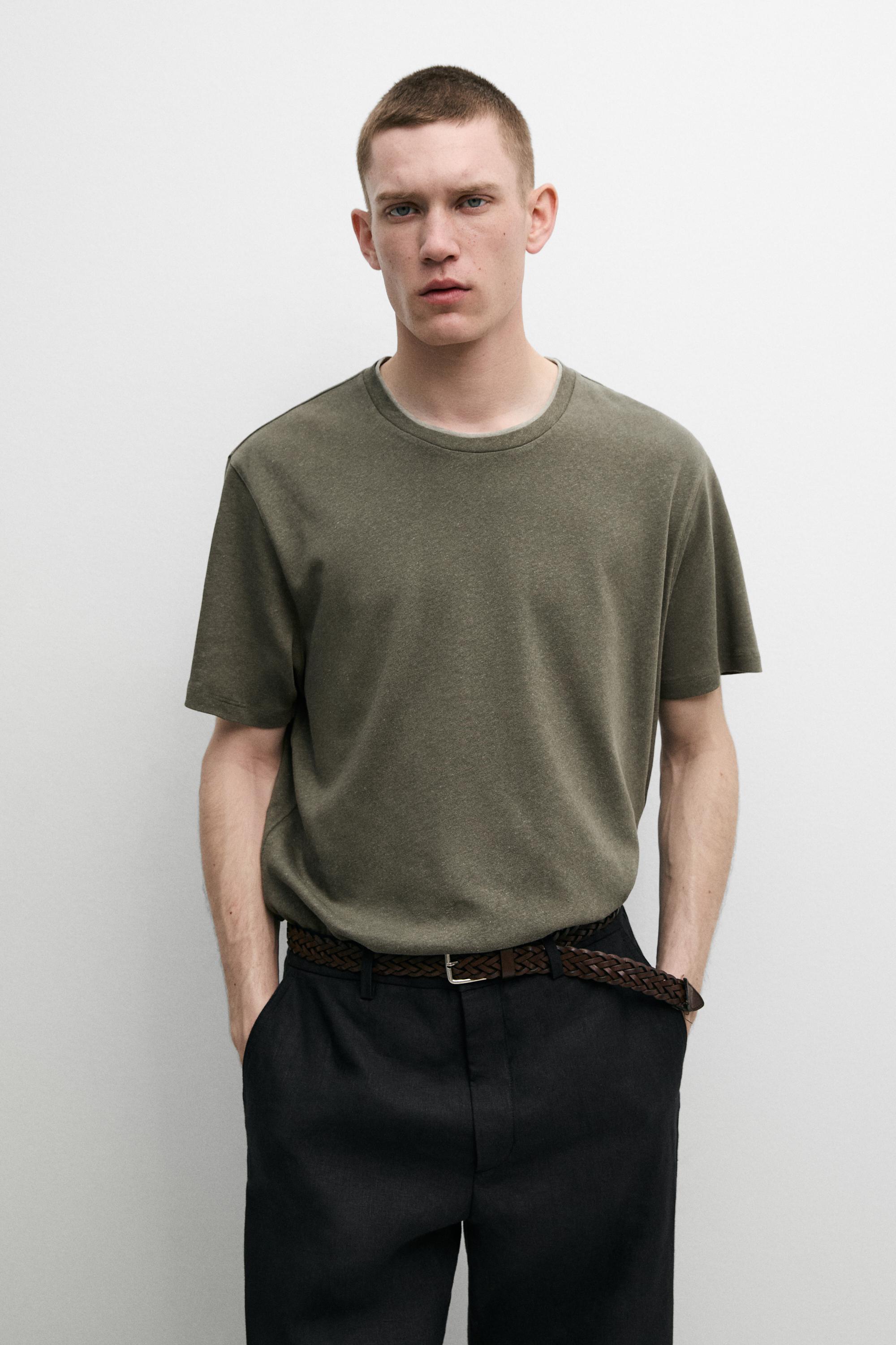 Футболка Massimo Dutti Linen And Cotton Double-collar, хаки — фото 3